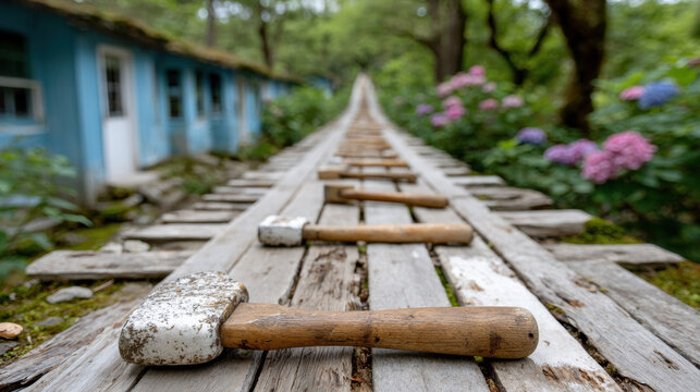 Factory Hazard Assessment, Tools scattered across a walkway create a tripping hazard, emphasizing safety concerns in public spaces.