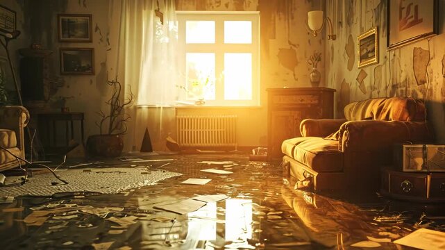 Bright sunlight illuminates a catastrophic flood within a neglected room, displaying severe water damage, soaked furniture, peeling walls, and widespread debris. An interior calamity.