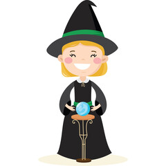 Cartoon witch girl with blond hair and blue eyes wearing a black hat and dress holding a crystal ball on a stand with a transparent background