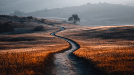 A winding path through golden fields leads to a solitary tree amidst rolling hills, creating a serene and picturesque landscape.