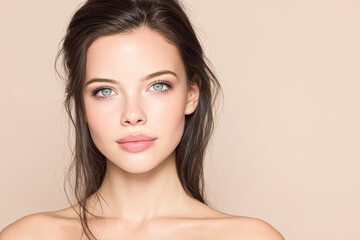 Fototapeta premium A close-up portrait of a young woman with striking blue eyes and natural makeup, set against a soft beige background.