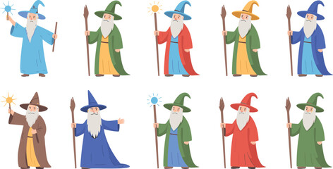 Set of cartoon wizard illustrations showing fantasy characters with magic staffs, colorful robes, and hats for fairytale and fantasy design