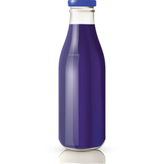 Clear Glass Bottle Filled With Deep Blue Liquid and Blue Cap Isolated on White Background with Reflection