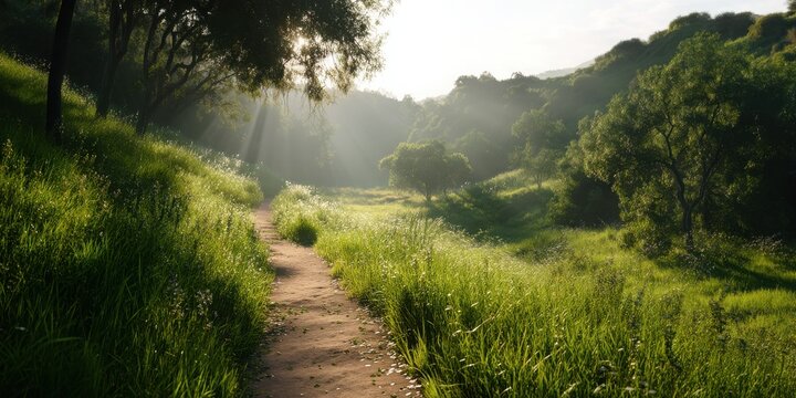 A serene forest path surrounded by lush greenery and trees, illuminated by soft sunlight filtering through the leaves.