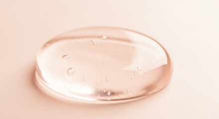 Clear gel drop with tiny air bubbles on a soft pink surface