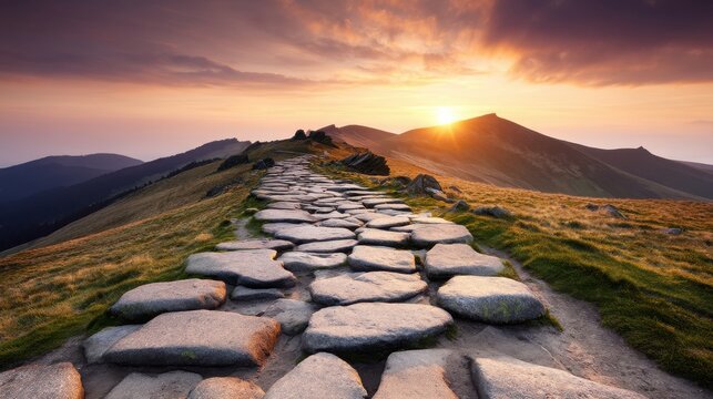 A picturesque trail leads towards a breathtaking sunset over mountains, with stone pathways surrounded by lush greenery.