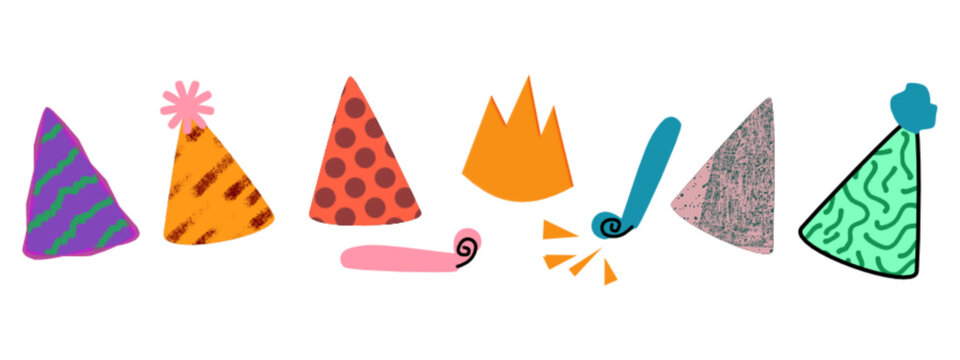 Hand drawn birthday party hats and doodle party blowers horns set vector illustration isolated on transparent background. Childish, kids design elements with colorful dots and stripes