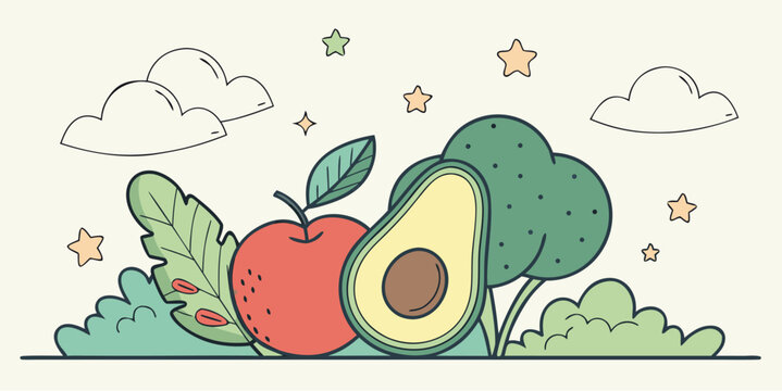 Whimsical healthy food garden scene with playful clouds and stars, perfect for children's books and educational materials