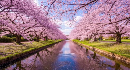 Stunning cherry blossom trees lining a tranquil canal in springtime splendor