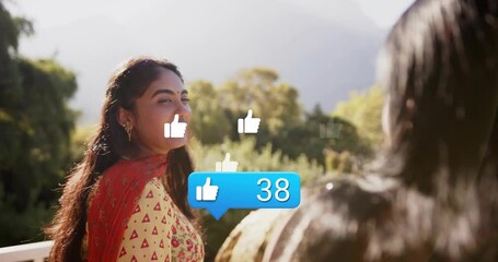 Woman talking on deck like counter appearing counting up, likes rising showing social media reach - Powered by Adobe