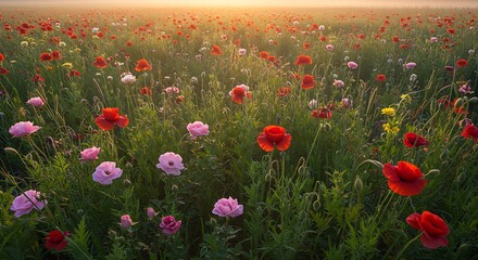 Vibrant red poppies and colorful wildflowers in a lush meadow during a serene and misty sunrise