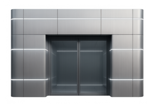 Modern elevator entrance with glowing lights, sleek metal panels, and transparent glass doors on a clear background