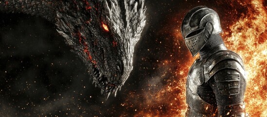 Knight Facing Dragon in Fiery Realm: Epic Fantasy Confrontation
