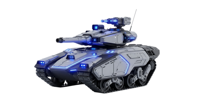 Futuristic armored combat vehicle with glowing blue lights and tracks, isolated on a white or transparent background, cutout, PNG