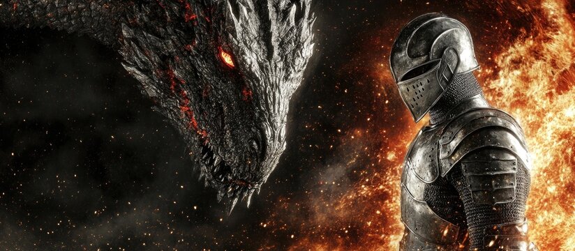 Knight Facing Dragon in Fiery Realm: Epic Fantasy Confrontation