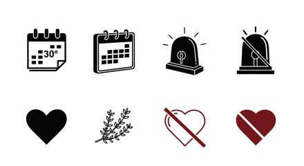 Minimalist black and white icons of calendars, alarms, hearts, and olive branch
