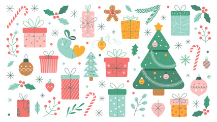 Christmas festive vector set with gifts, ornaments, holly, candy canes and decorated Christmas trees