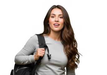Young woman with long wavy brown hair wearing a grey long sleeved shirt carrying a black backpack isolated on transparent background