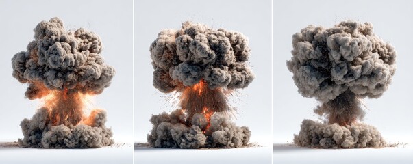 Three stages of a simulated explosion, showing smoke and flames against a plain background
