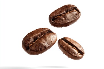 Obraz premium Three coffee beans in mid-air