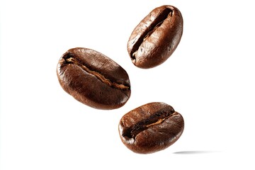 Obraz premium Three coffee beans in mid-air, isolated