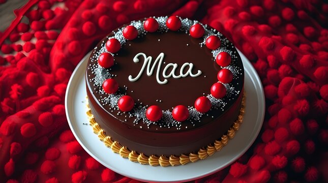 Beautiful Chocolate truffle cake topped with red cherry written "Maa" in hindi means mother in red background. side view . Concept of giving thanks or birthday or mother's day or any occasion of mom.
