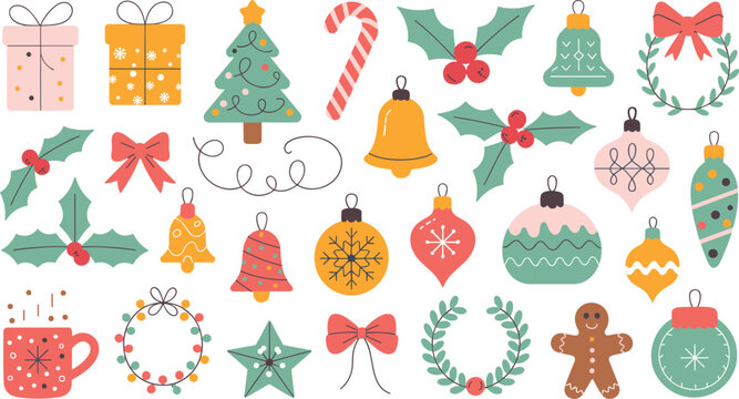 Christmas festive vector set with ornaments, holly, gifts, gingerbread, wreaths and holiday decorations