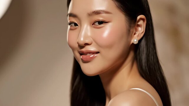 Portrait of Young Woman with Glowing Skin - Close-up shot of a beautiful Asian woman with fair skin, glossy lips, and a pearl earring. Her dark hair is sleek, and she has a subtle smile.