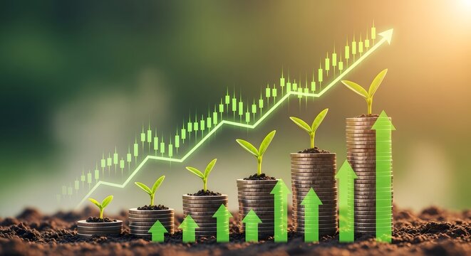 Stacked coins with growing seedlings and an illuminated candlestick chart showing an upward trend. Financial investment and sustainable business growth.