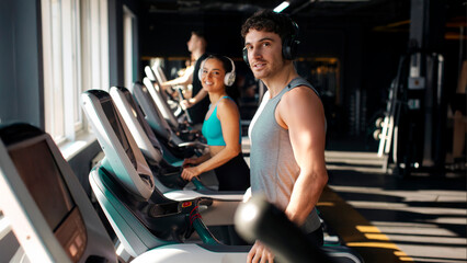 Fototapeta premium Man and woman enjoying workout session on treadmills in a well-lit gym, engaging in fitness activities while listening to music in headphones, panorama