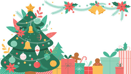 Christmas tree and gifts illustration with festive garland border and holiday decorations