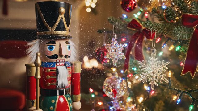 Decorative Nutcracker with Christmas Tree Background - A decorative wooden nutcracker is standing near a Christmas tree adorned with lights, ornaments, and red ribbons.
