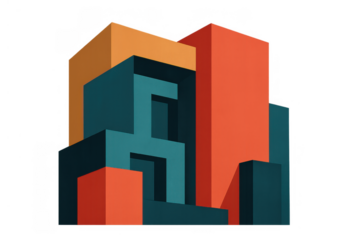 Abstract 3d geometric shapes creating a modern city architecture concept with vibrant colors on a transparent background