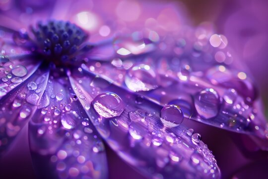 Macro close up of water droplets glistening on purple daisy flower petals, creating a beautiful and delicate natural background