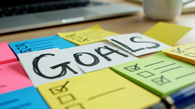 Goal Setting on Sticky Notes - A collection of colorful sticky notes scattered on a desk, featuring the word "GOALS" written in bold marker.