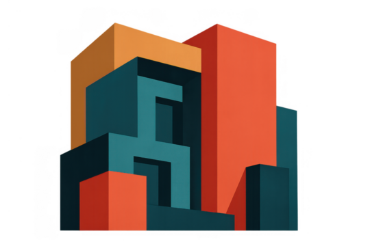 Abstract 3d geometric shapes creating a modern city architecture concept with vibrant colors on a transparent background