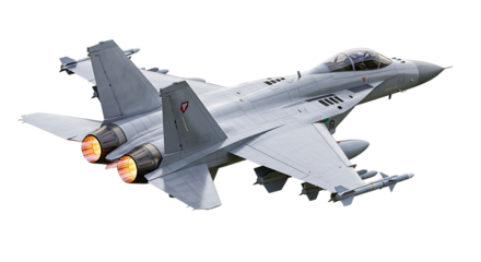 Gray fighter jet with glowing engines and missiles in flight, isolated on a white or transparent background, cutout, PNG
