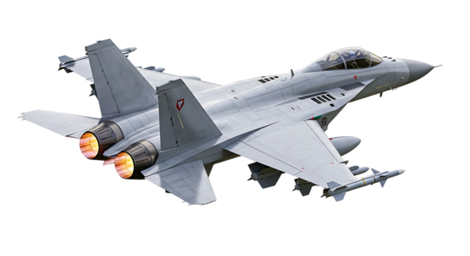 Gray fighter jet with glowing engines and missiles in flight, isolated on a white or transparent background, cutout, PNG