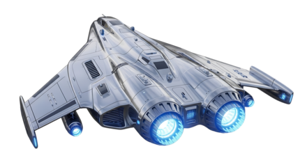 Sleek silver futuristic starship with glowing blue engines and detailed paneling, isolated on a white or transparent background, cutout, PNG