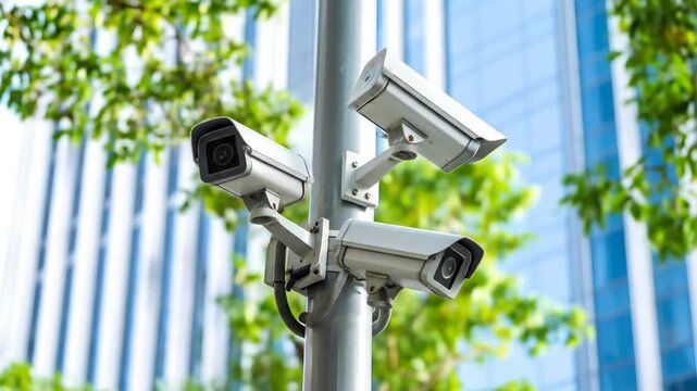 Security cameras on pole with urban surveillance.