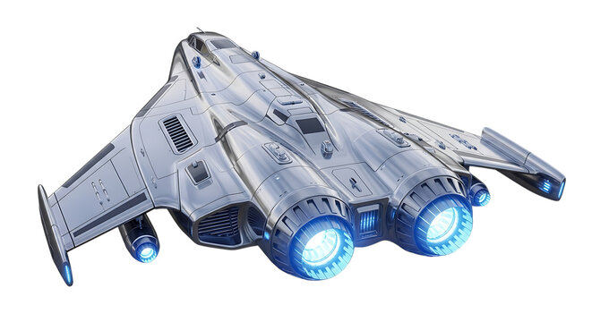 Sleek silver futuristic starship with glowing blue engines and detailed paneling, isolated on a white or transparent background, cutout, PNG