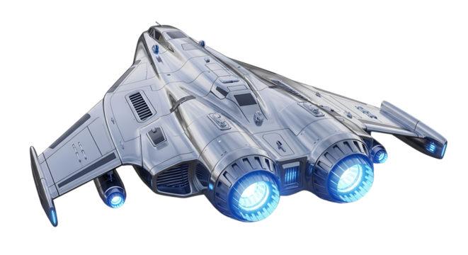 Sleek silver futuristic starship with glowing blue engines and detailed paneling, isolated on a white or transparent background, cutout, PNG