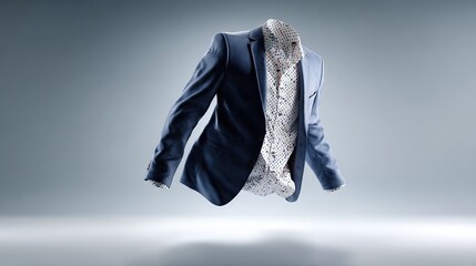 Floating dark blue single breasted men's blazer worn over  white shirt with small dark polka dots against  soft gray gradient background