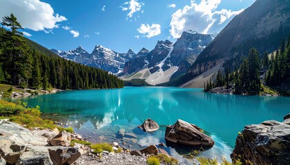A vibrant turquoise lake reflects snow-capped mountains and lush green pine forests under a clear blue sky with scattered clouds.