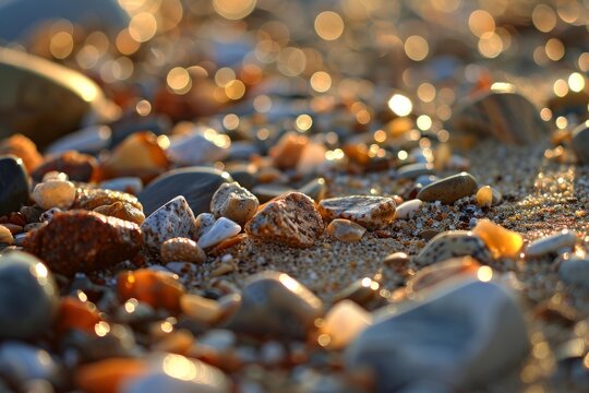 Smooth wet pebbles glistening on sandy beach during golden hour sunset creating beautiful bokeh effect