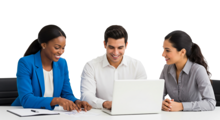 Three business people working together with a laptop and looking happy isolated on white or transparent background