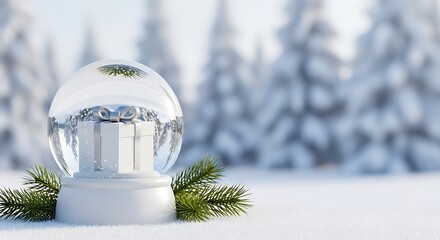 A snow globe with a gift inside sits on a snowy surface with blurred trees in the background, creating a festive winter scene