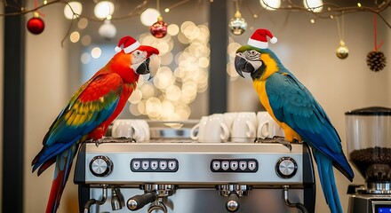Festive parrots wearing santa hats perched on a coffee machine decorated with christmas lights
