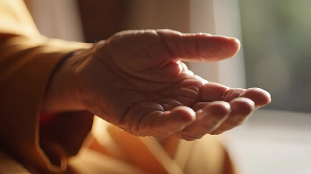 Open Hand Offering - A close-up shot captures an open, outstretched hand with visible skin texture and wrinkles, positioned as if in supplication or offering.