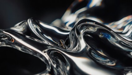 Abstract dark liquid metal with flowing waves and reflections.